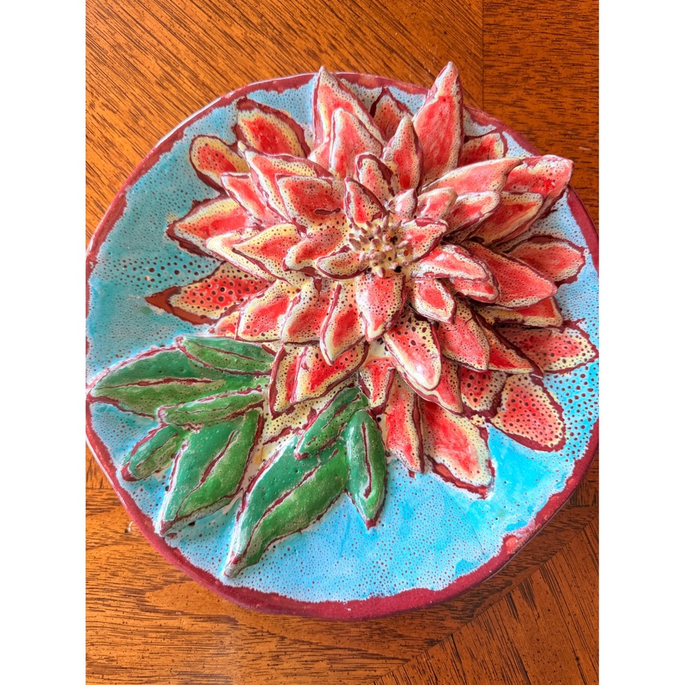 Studio Pottery 3D Dahlia Flower Art Plate Platter Turquoise Red Wall Decor